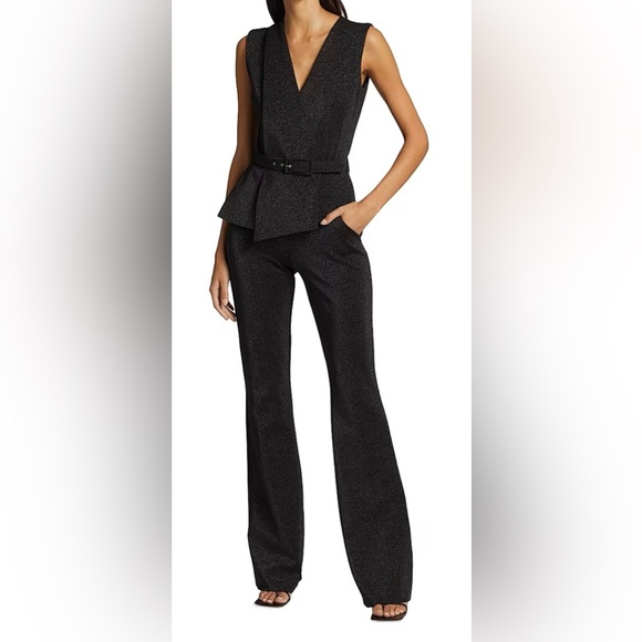 Chiara Boni Pants - Chiara Boni Black shimmery Belted Flare Jumpsuit, US8
